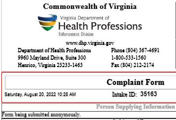 Virginia BOM complaint header